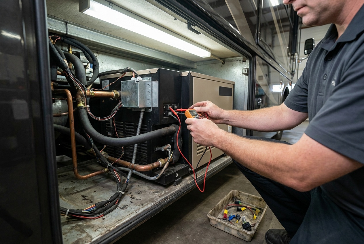 Technician servicing an RV hydronic heating and hot-water system in an open motorcoach bay compartment