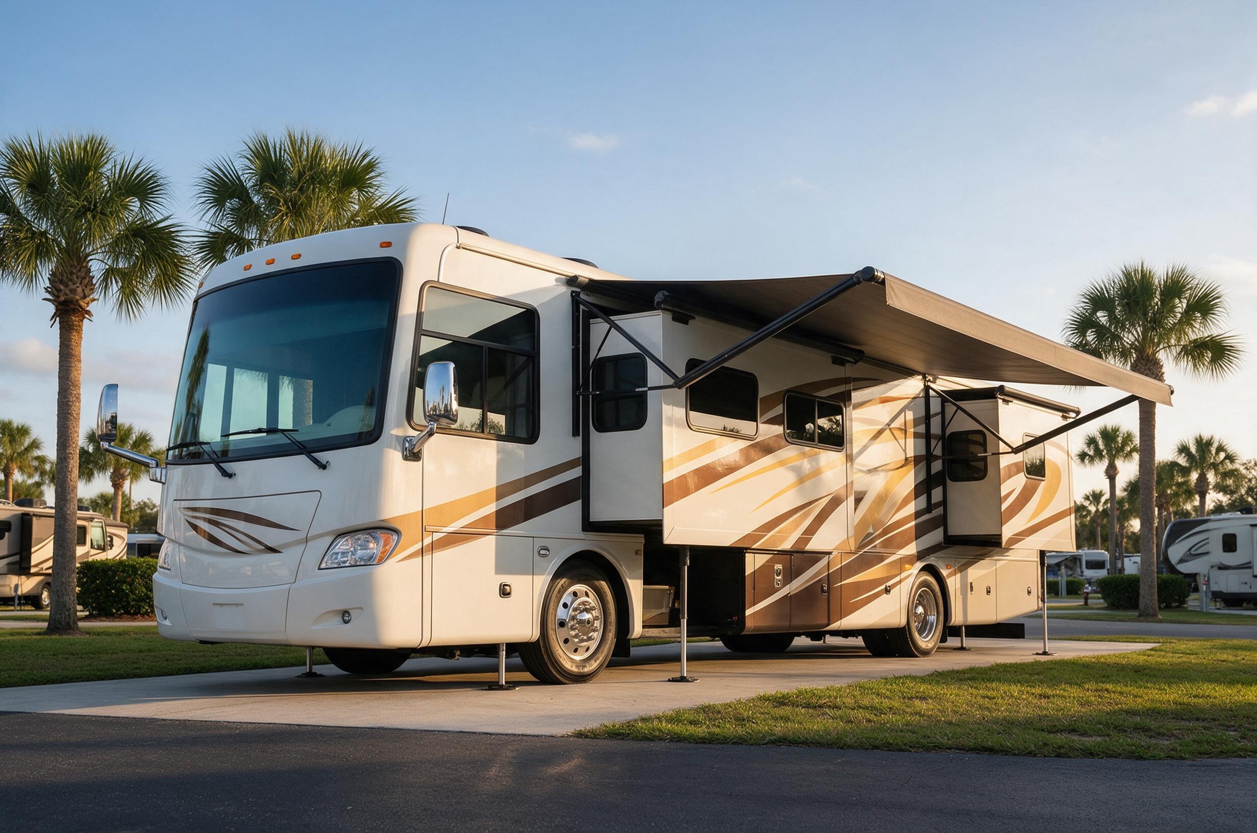 Luxury Class A motorcoach parked at a Florida RV resort