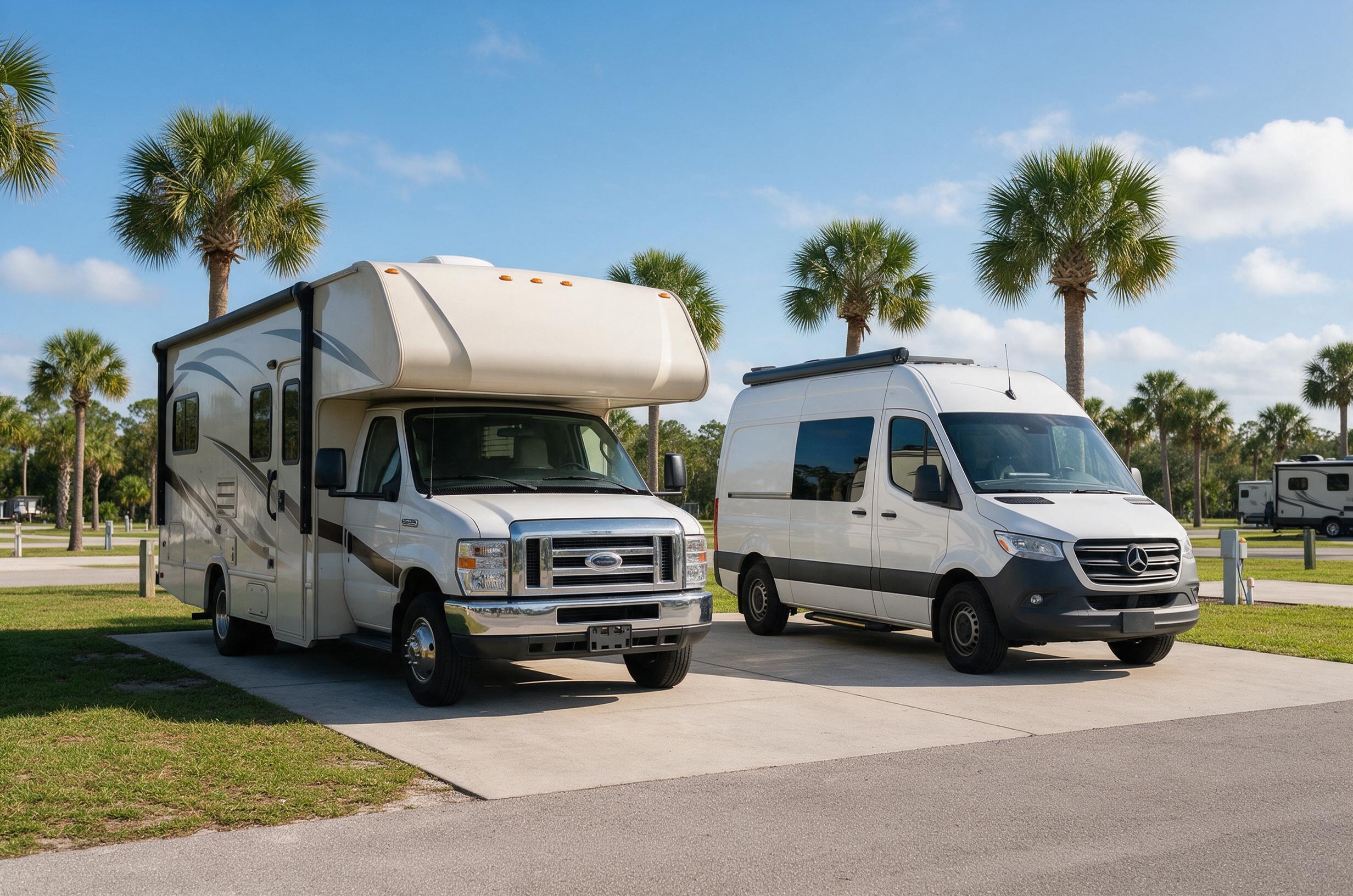 Class C motorhome and Class B camper van at a Florida state park