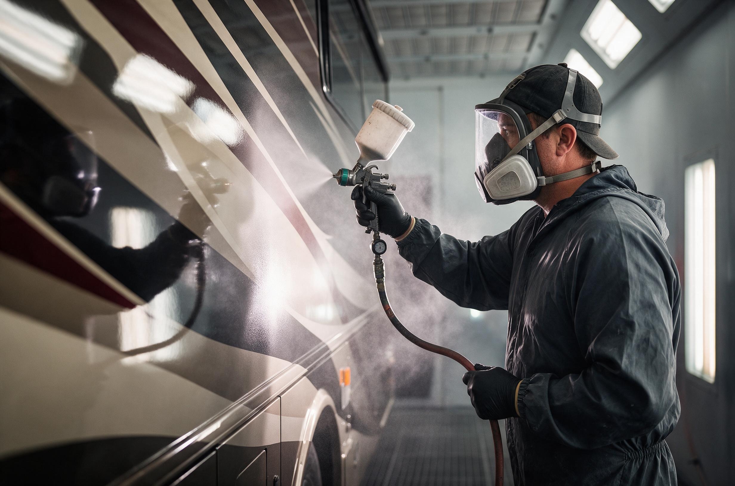 Installer applying custom graphics to the side of a motorcoach