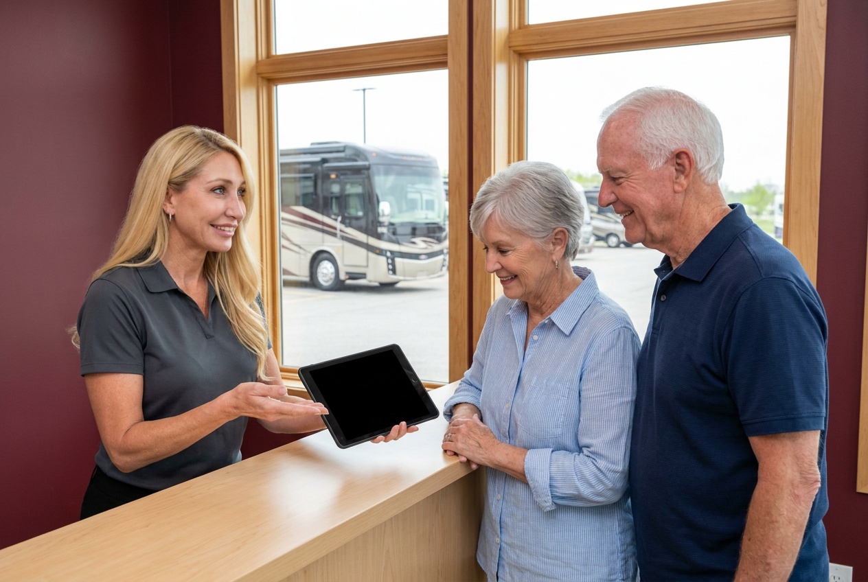 Diane Curley walking a happy customer couple through their service estimate on a tablet