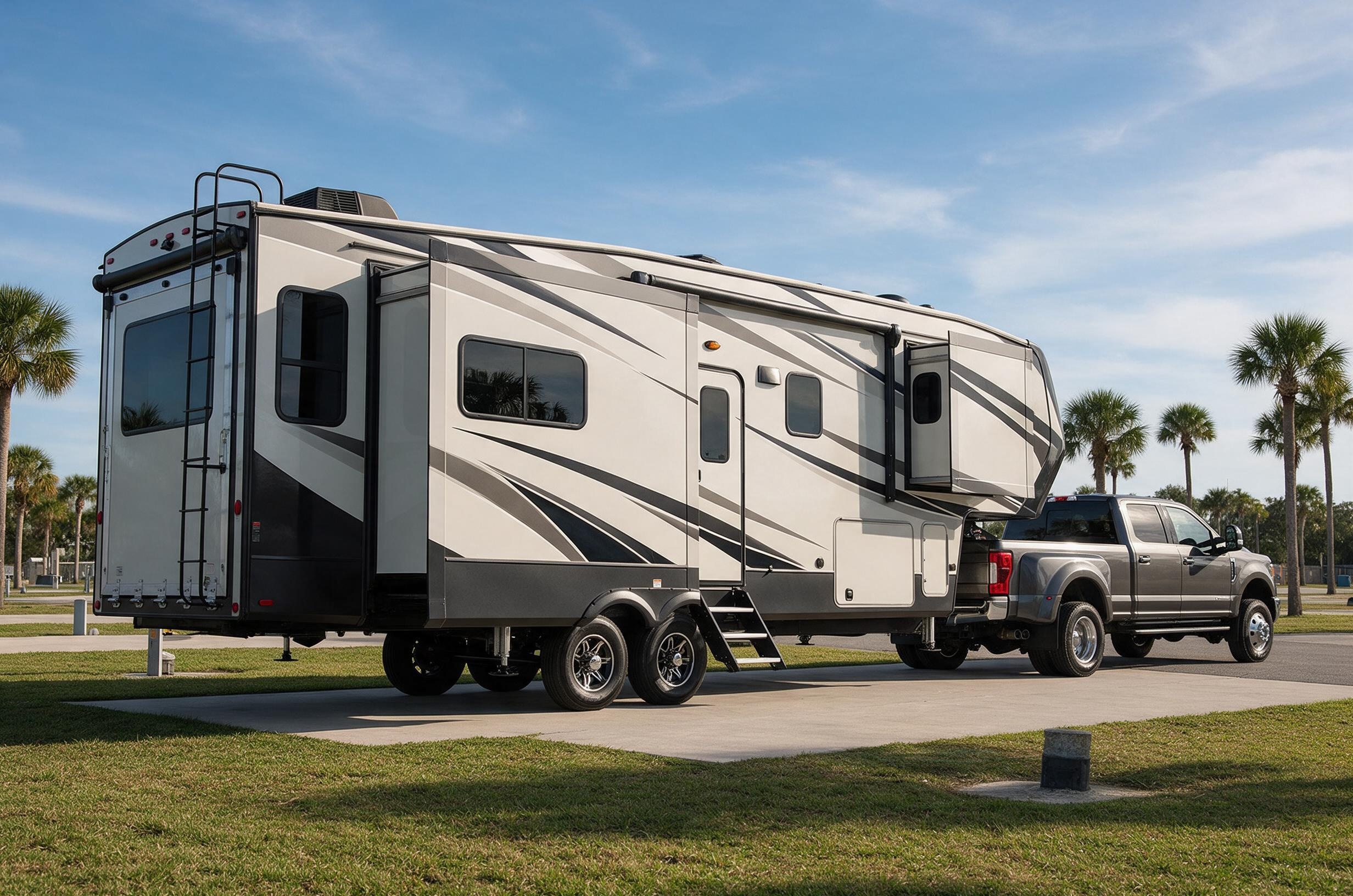 Fifth wheel RV hitched to a dually pickup at a Florida campground