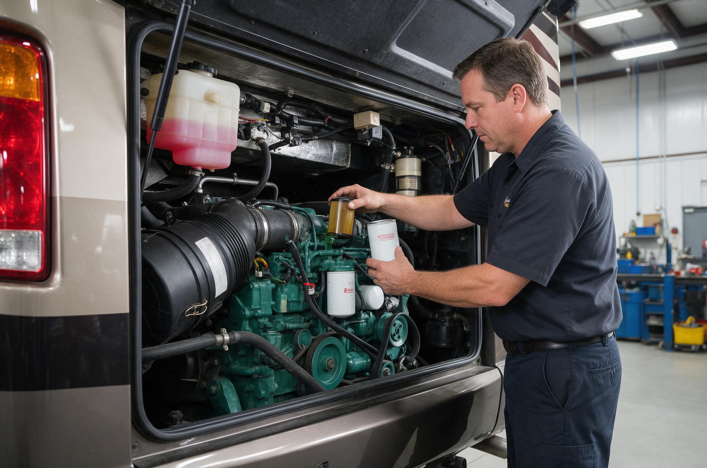 Technician performing general maintenance on an RV engine
