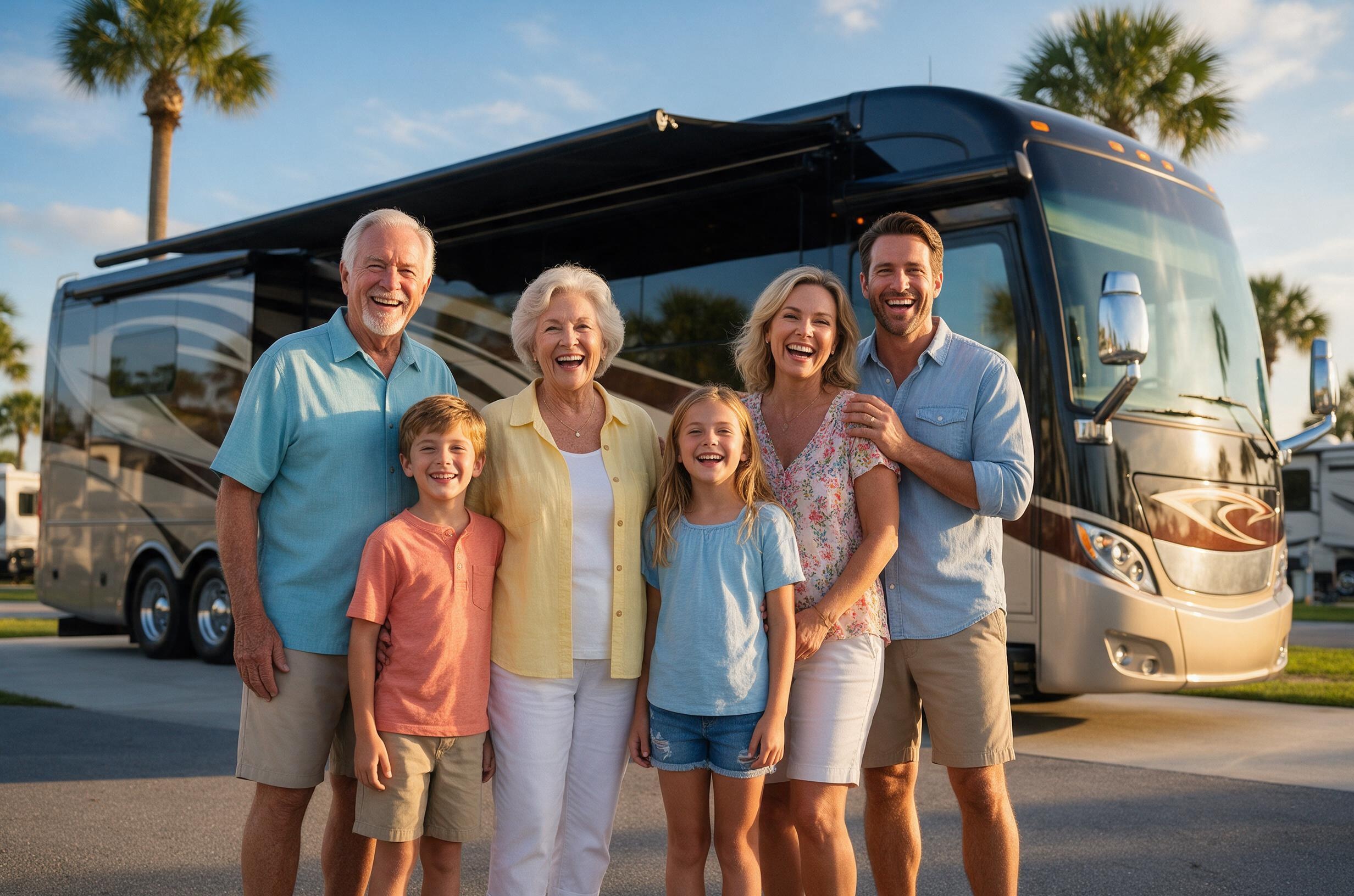 Happy family with their motorcoach serviced for Hernando County travel