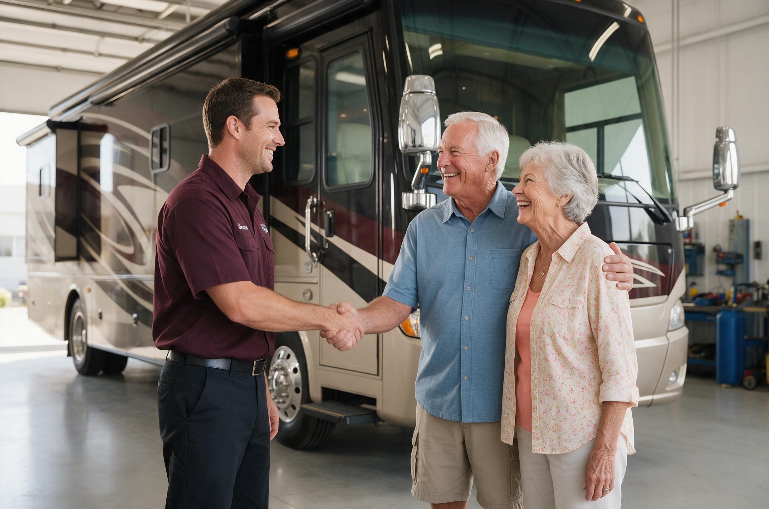 Legacy RV technician with happy customers in front of their motorcoach