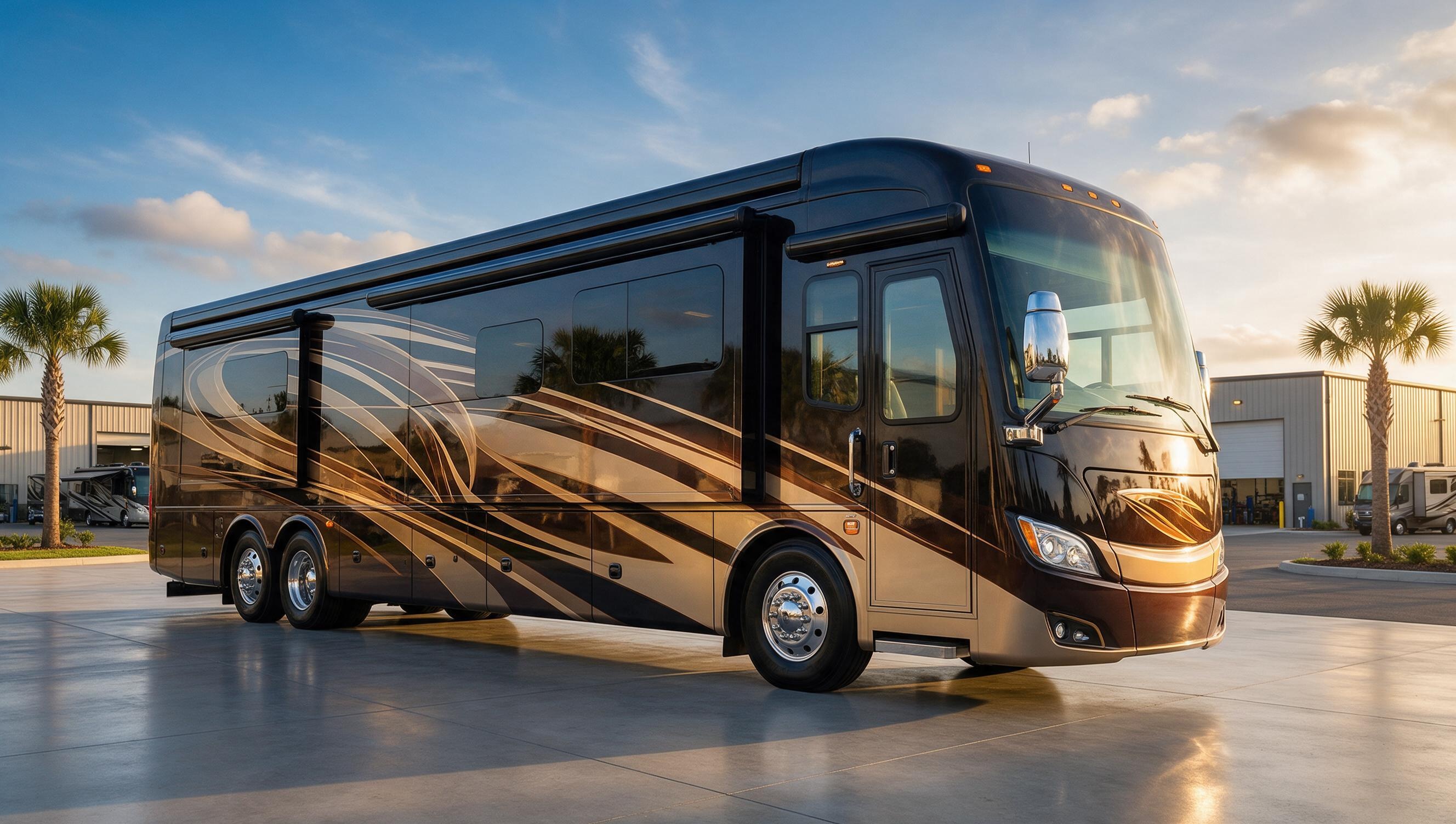A luxury motorcoach in for service at Legacy RV & Coach Works