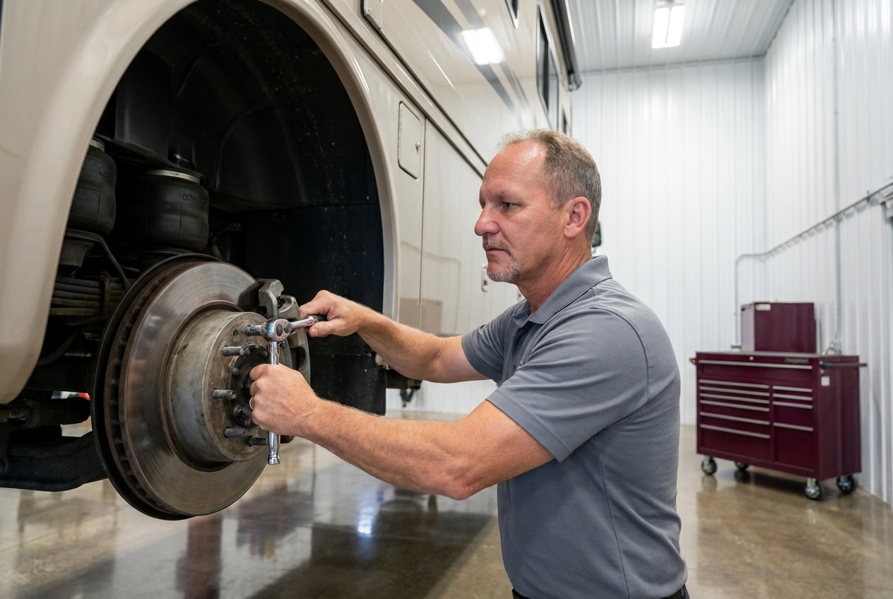 Mike Curley inspecting motorcoach brakes and air bag suspension