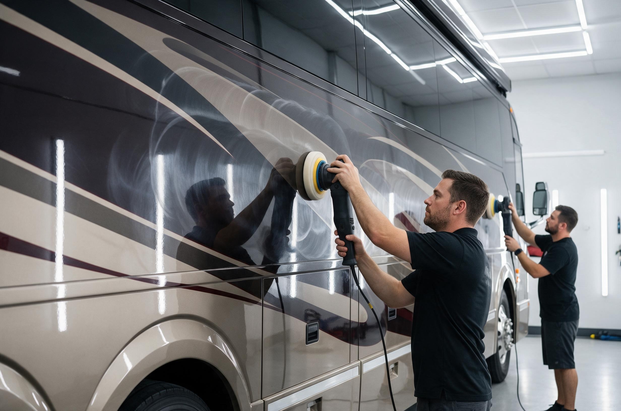 Two detailers machine polishing the side of a luxury motorcoach to a mirror finish