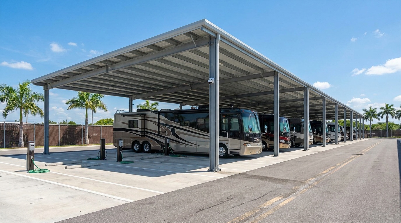 Row of Class A motorcoaches parked under a covered metal canopy in a secured Florida RV storage lot