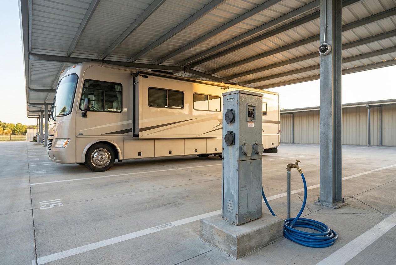 Detail of a covered RV storage bay showing a 30/50-amp power pedestal, water spigot and security camera