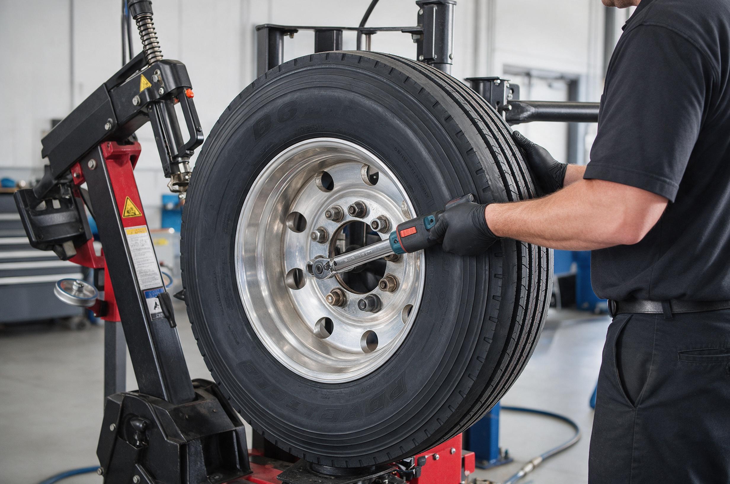 Technician mounting a heavy-duty motorcoach tire in a service bay