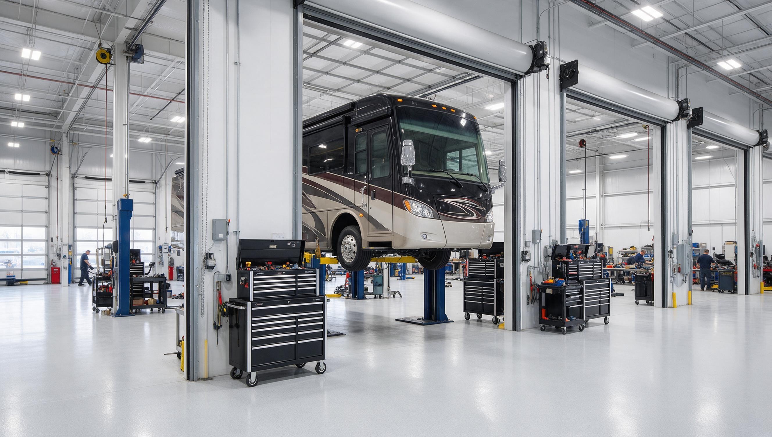 The clean, well-equipped service bays at Legacy RV & Coach Works in Hudson, Florida