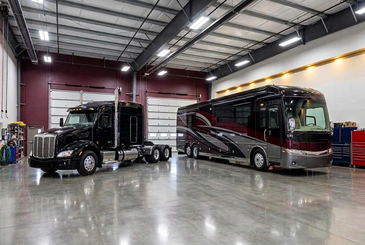 A Class 8 semi truck and a luxury Class A motorcoach side by side in the same service bay at Legacy