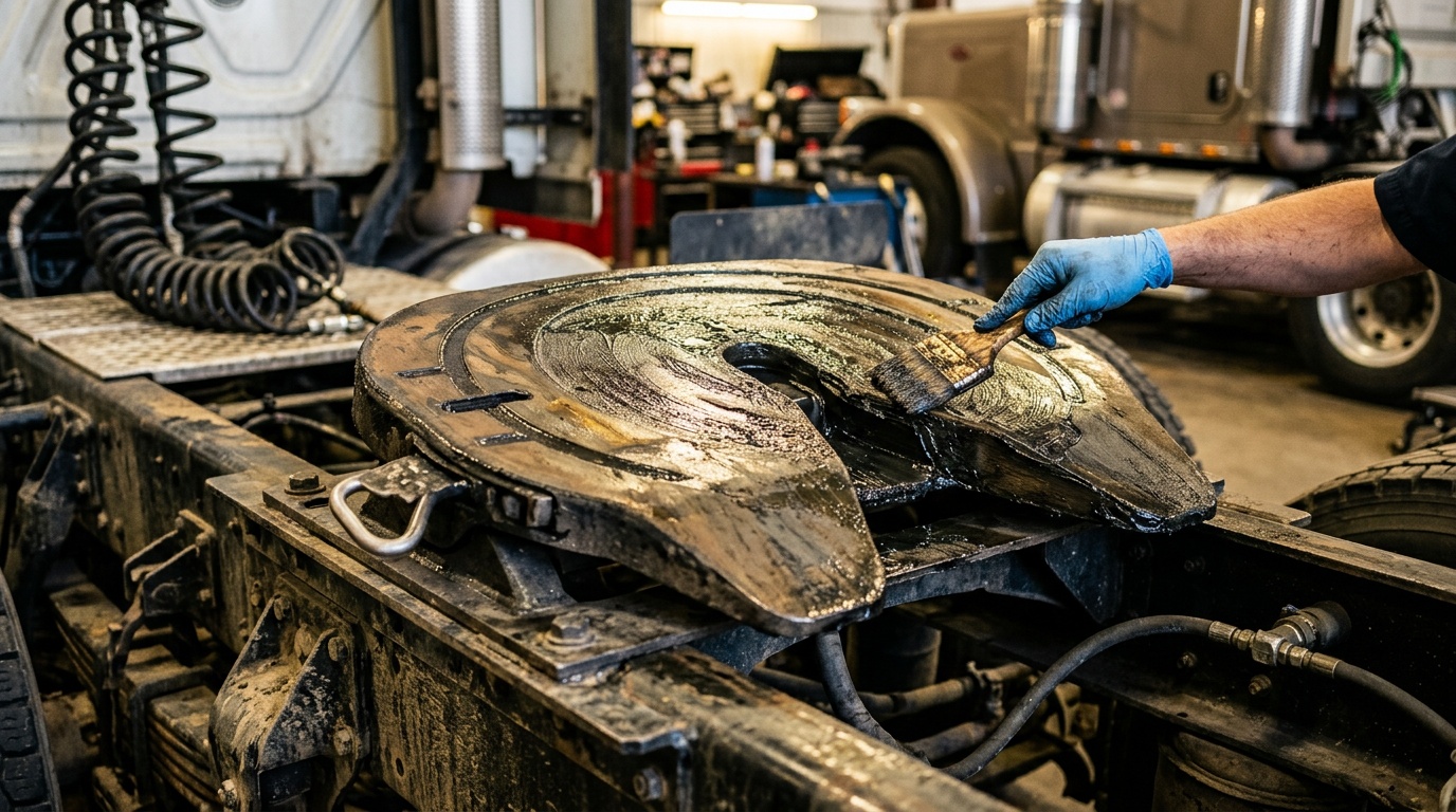 Fifth wheel coupling plate being cleaned and greased