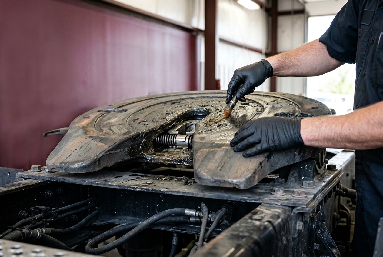 Technician greasing and inspecting the fifth wheel coupling plate on a semi tractor