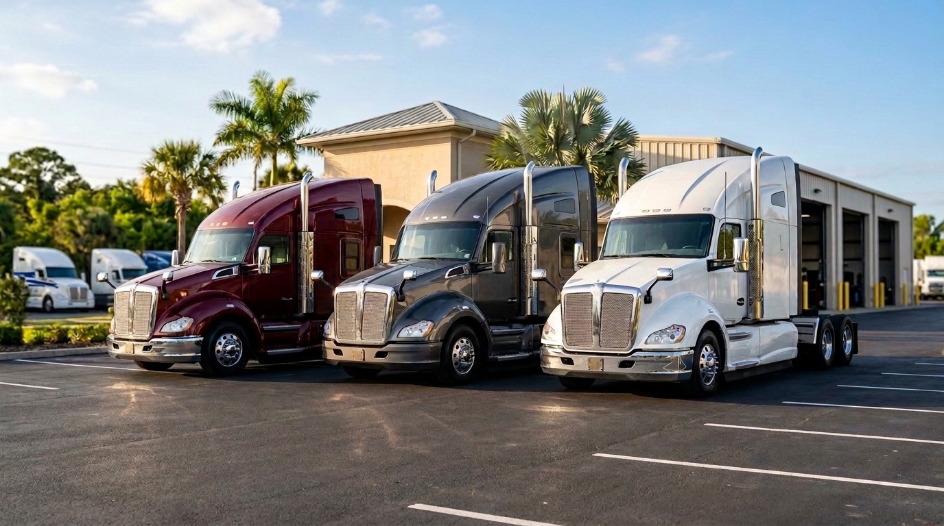 Semi trucks parked outside the Legacy RV & Coach Works facility