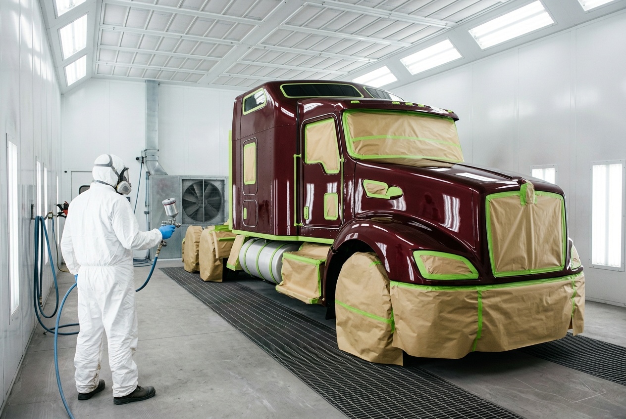 A semi truck cab being refinished in the Legacy paint booth