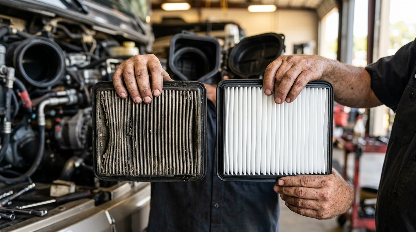 A clogged RV air filter held beside a clean replacement filter