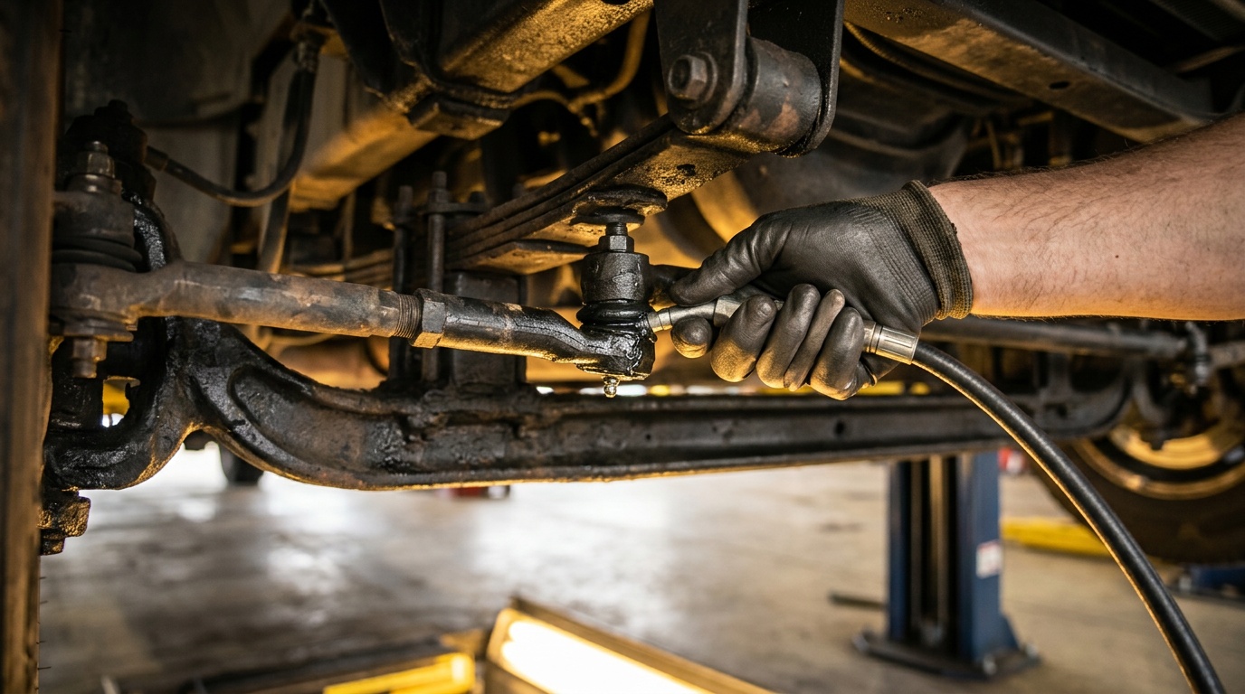 Grease gun servicing a zerk fitting on a motorcoach steering linkage