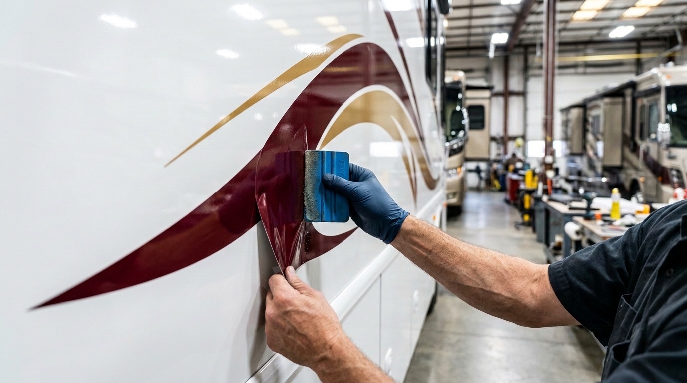Custom vinyl graphic being squeegeed onto the side of a motorcoach