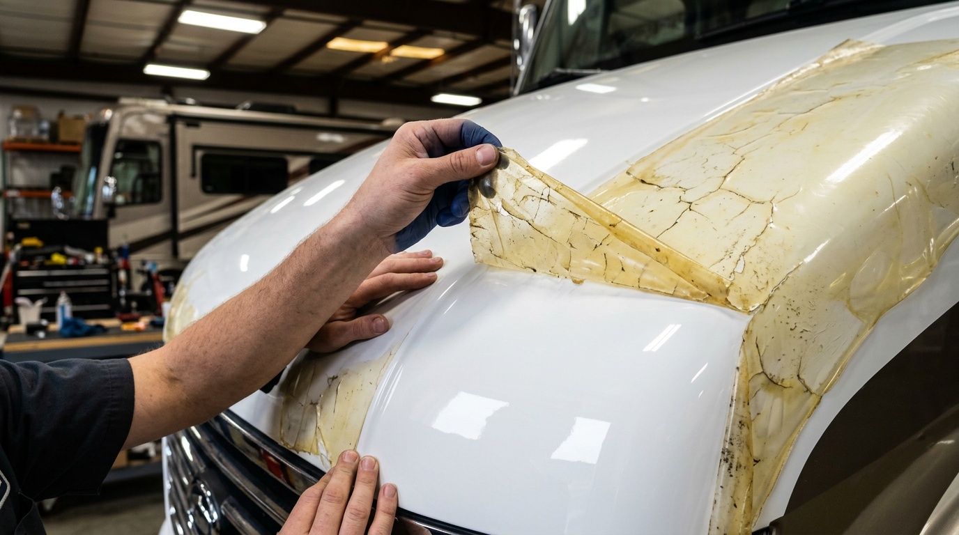 Failed yellowed protective film being peeled from a motorcoach front cap
