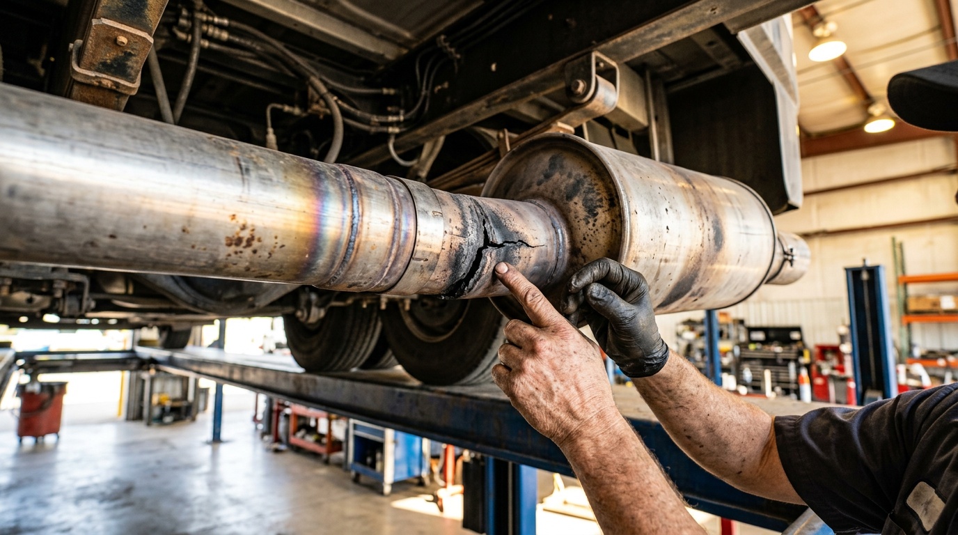 Technician pointing out a crack in a motorcoach exhaust pipe