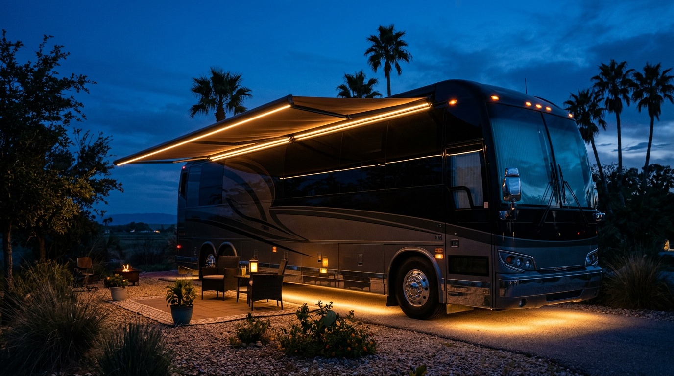 Motorcoach at dusk with awning and accent lighting glowing
