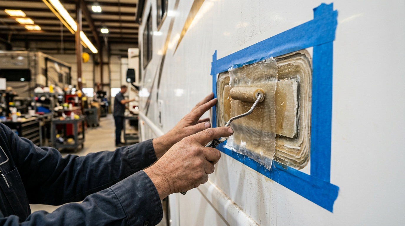 Fiberglass sidewall repair being laid up on an RV panel