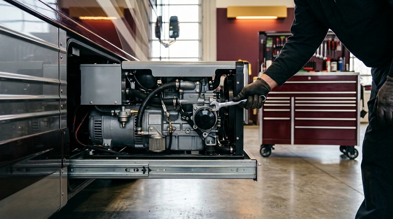 Technician servicing an onboard RV generator on its slide tray