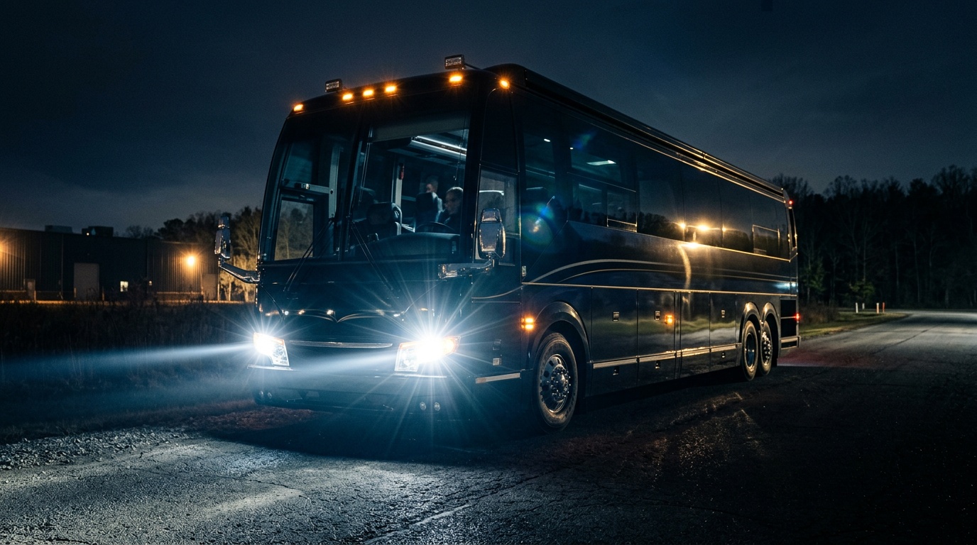 Motorcoach with upgraded LED headlights lighting the road at night