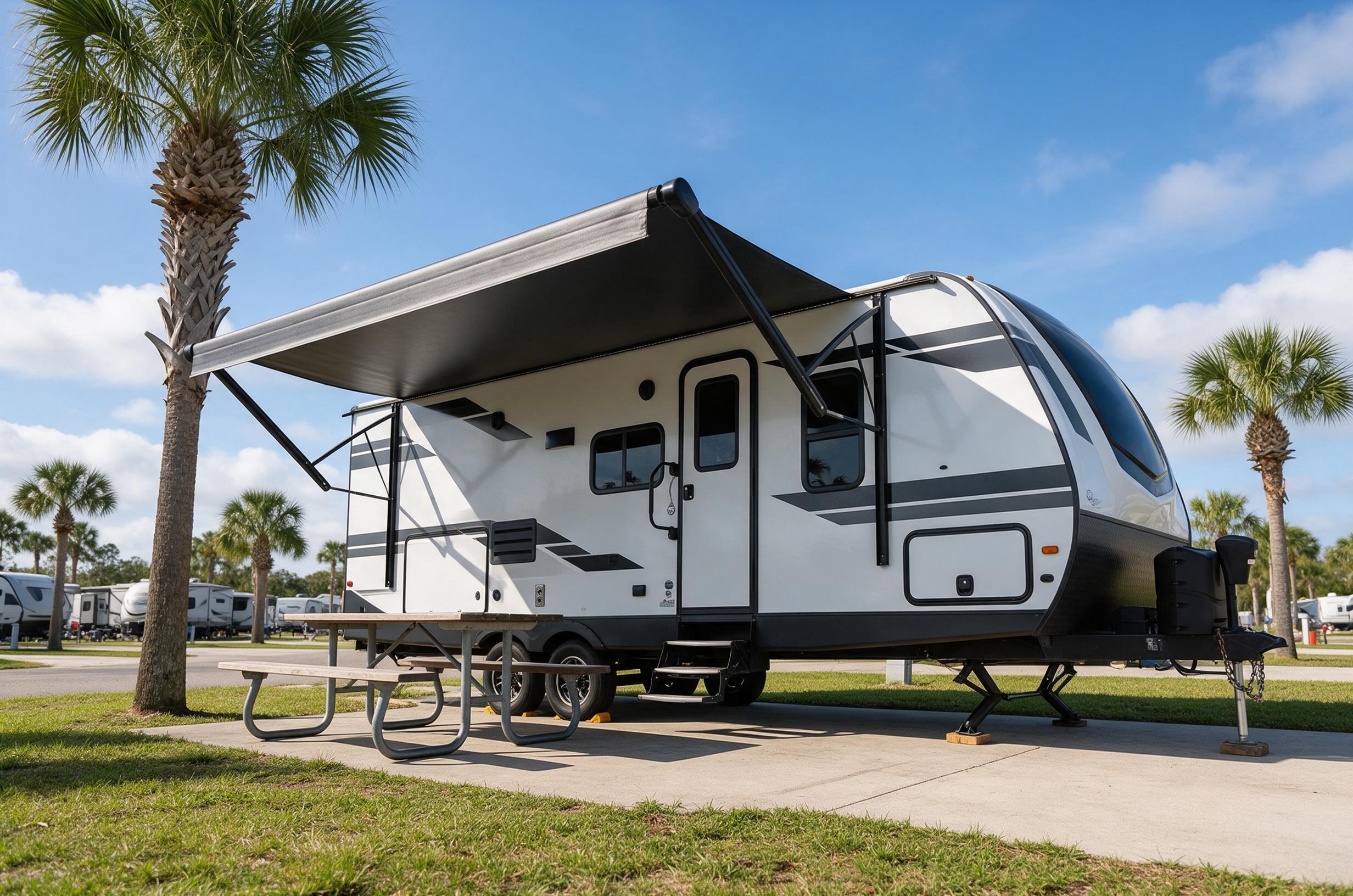 Travel trailer with awning extended at a sunny Florida campsite